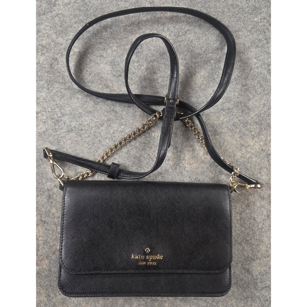 Kate Spade New York Black Saffiano Leather Crossbody Bag Gold Chain Strap